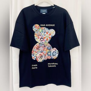 G & G Avenue Black Floral Bear Short Sleeve 100% Cotton Heavy T-Shirt Large NWT